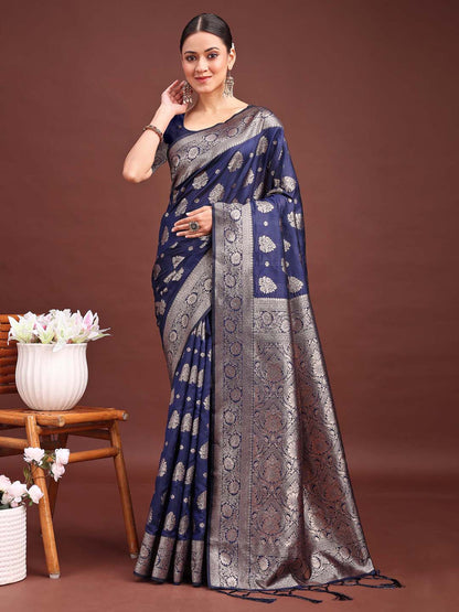 Sutriti Deep Navy Blue Soft Silk Saree with Silver Zari Pallu