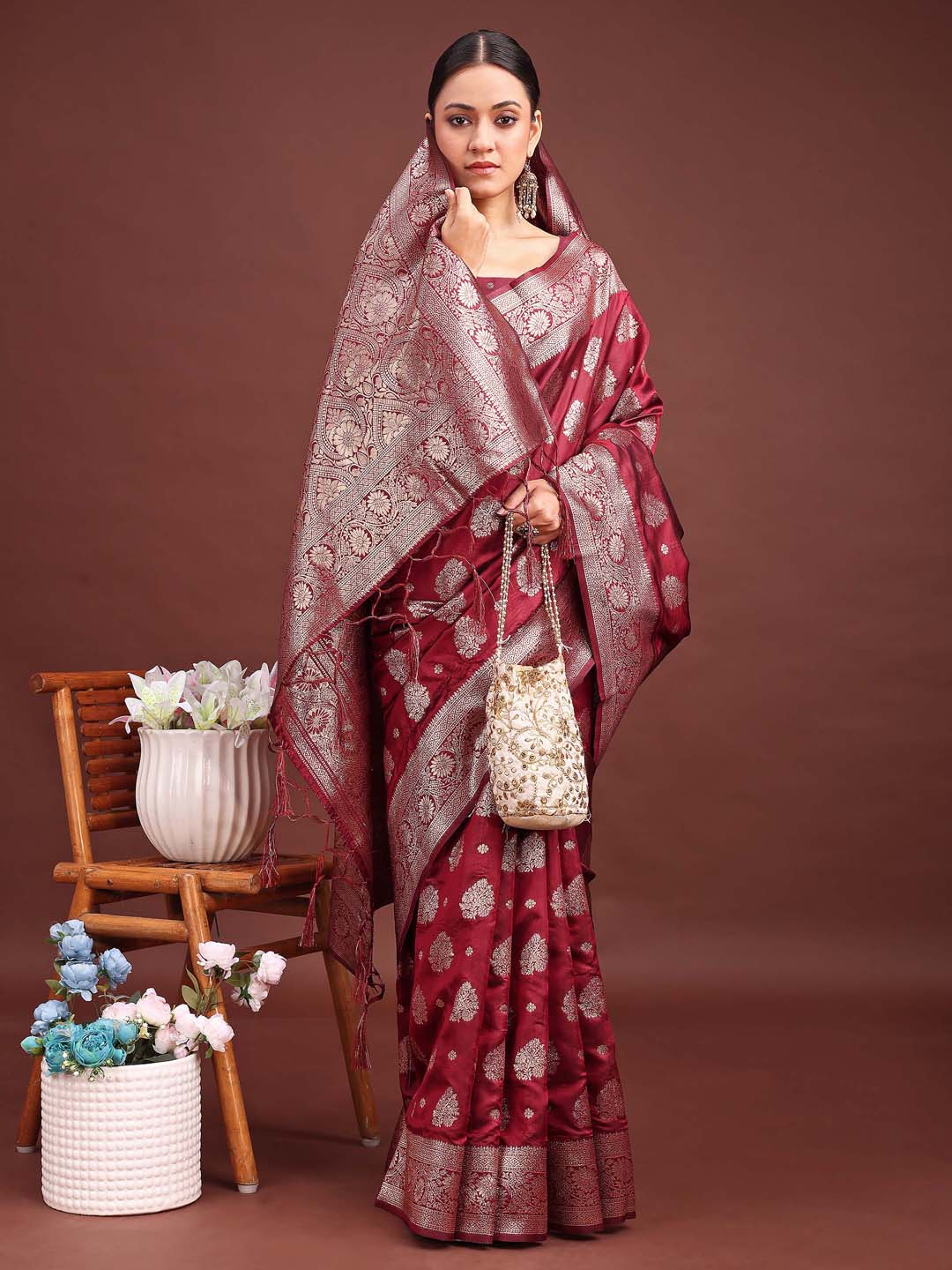 Sutriti Deep Burgundy Maroon Soft Silk Saree for Wedding Wear