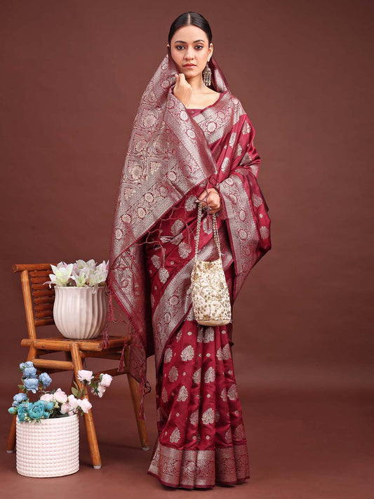 Sutriti Deep Burgundy Maroon Soft Silk Saree for Wedding Wear