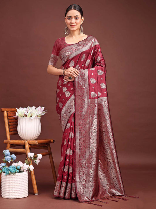 Sutriti Deep Burgundy Maroon Soft Silk Saree for Wedding Wear