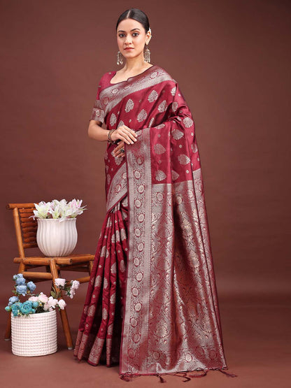 Sutriti Deep Burgundy Maroon Soft Silk Saree for Wedding Wear