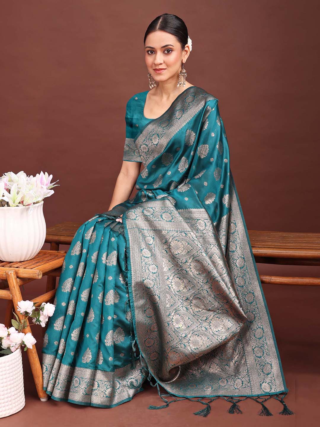 Sutriti Peacock Teal Green Soft Silk Saree with Zari Weaving