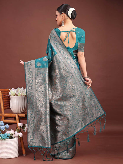 Sutriti Peacock Teal Green Soft Silk Saree with Zari Weaving