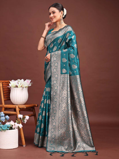 Sutriti Peacock Teal Green Soft Silk Saree with Zari Weaving