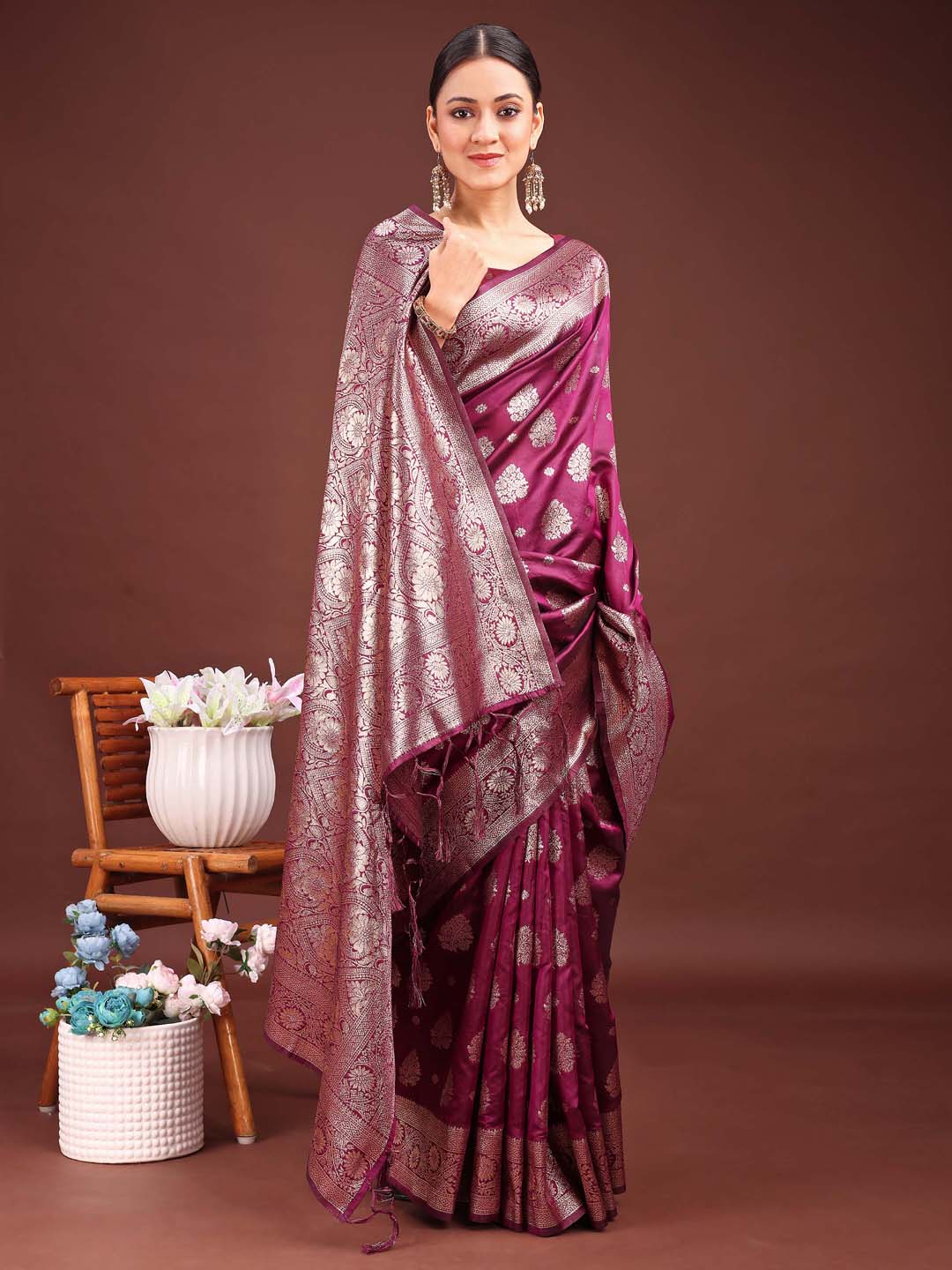 Sutriti Magenta Wine Soft Silk Saree with Silver Zari Details