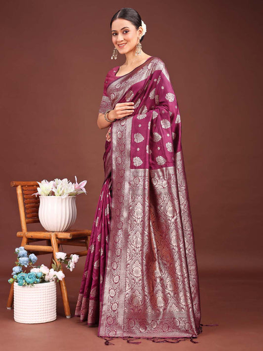 Sutriti Magenta Wine Soft Silk Saree with Silver Zari Details