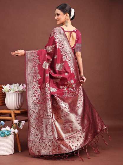 Sutriti Magenta Wine Soft Silk Saree with Silver Zari Details