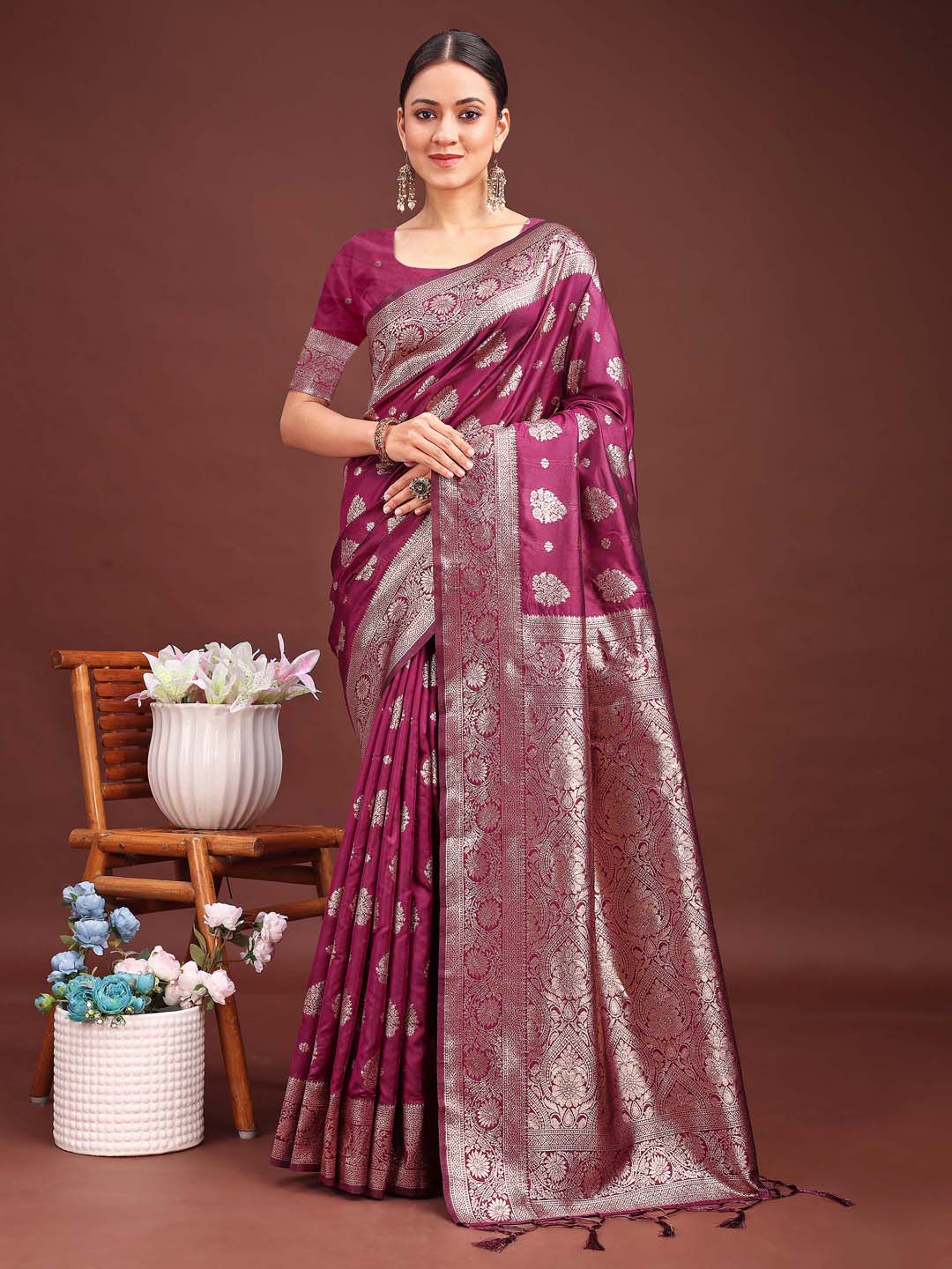 Sutriti Magenta Wine Soft Silk Saree with Silver Zari Details