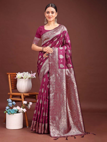 Sutriti Magenta Wine Soft Silk Saree with Silver Zari Details