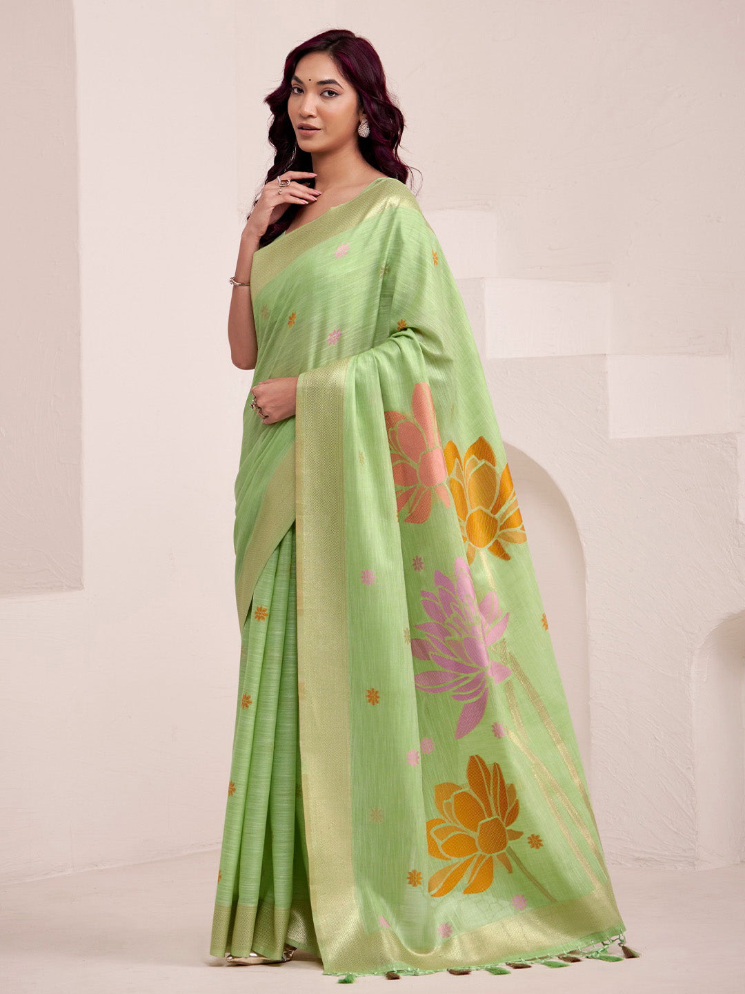 Sutriti Women Pista Green & Gold Floral Printed Linen Silk Blend Saree