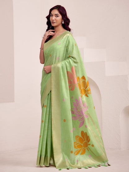 Sutriti Women Pista Green & Gold Floral Printed Linen Silk Blend Saree