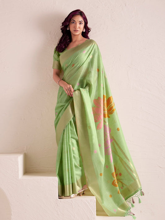 Sutriti Women Pista Green & Gold Floral Printed Linen Silk Blend Saree
