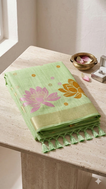 Sutriti Women Pista Green & Gold Floral Printed Linen Silk Blend Saree