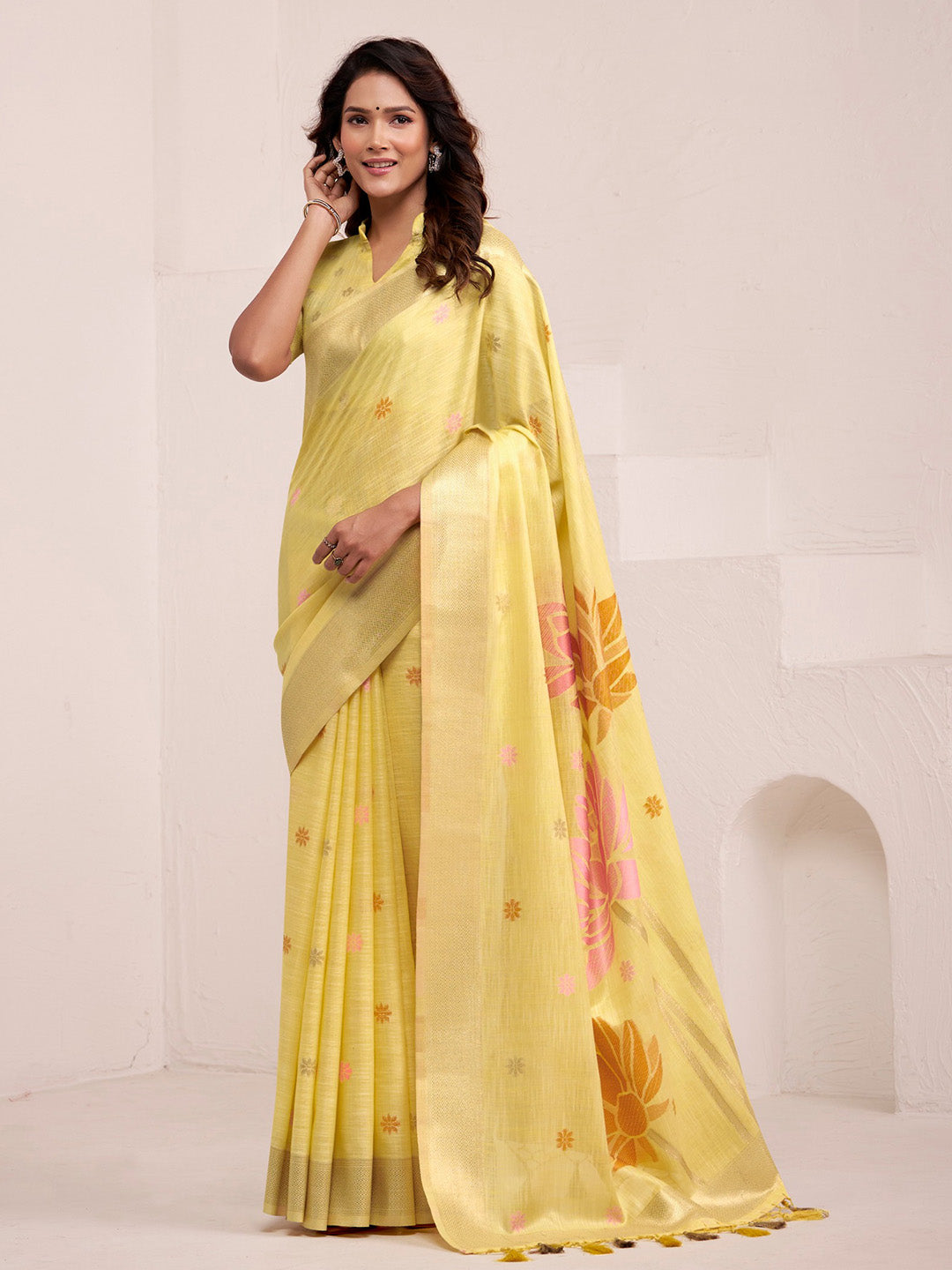 Sutriti lemon yellow tissue silk floral print wedding saree bloom print collection