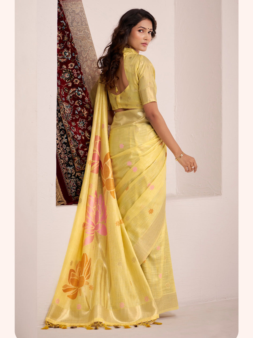 Sutriti lemon yellow tissue silk floral print wedding saree bloom print collection