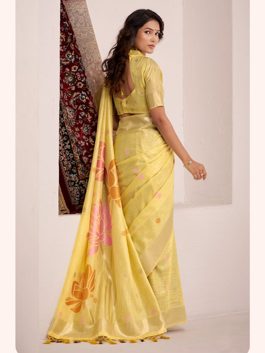 Sutriti lemon yellow tissue silk floral print wedding saree bloom print collection