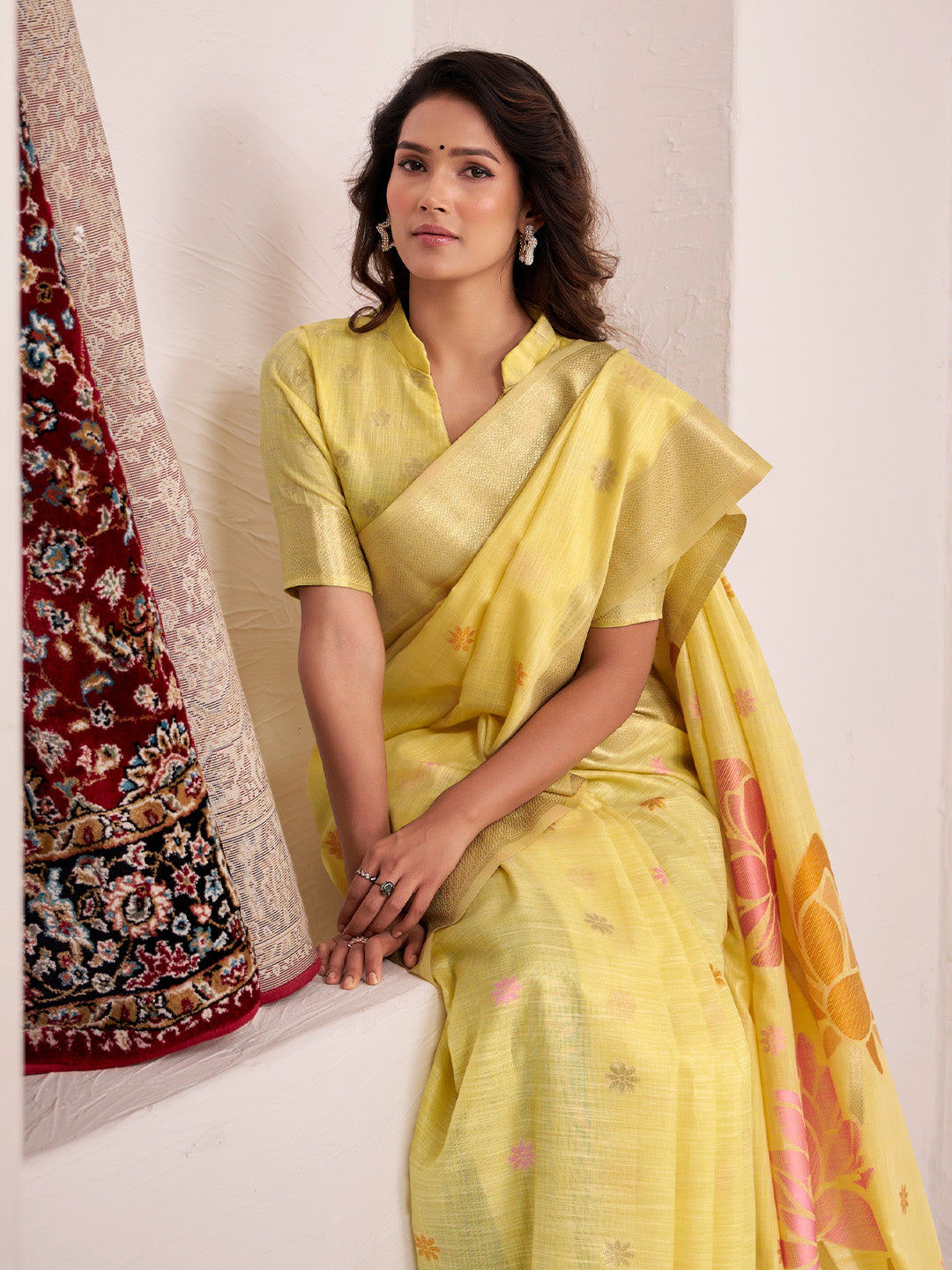Sutriti lemon yellow tissue silk floral print wedding saree bloom print collection