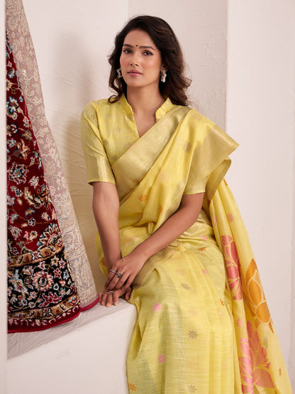 Sutriti lemon yellow tissue silk floral print wedding saree bloom print collection