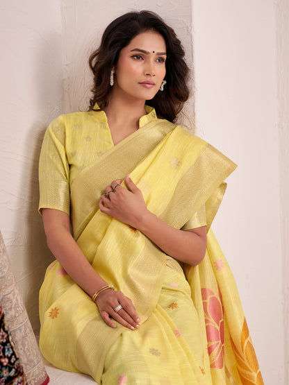 Sutriti lemon yellow tissue silk floral print wedding saree bloom print collection