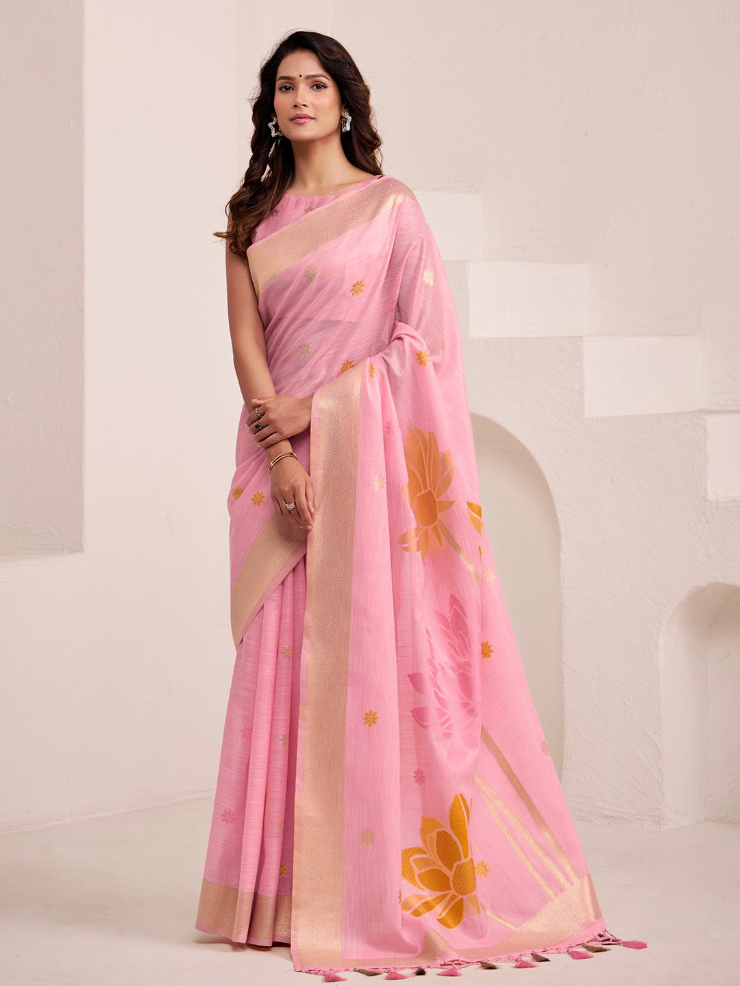 Sutriti baby pink tissue silk floral print wedding saree bloom print collection