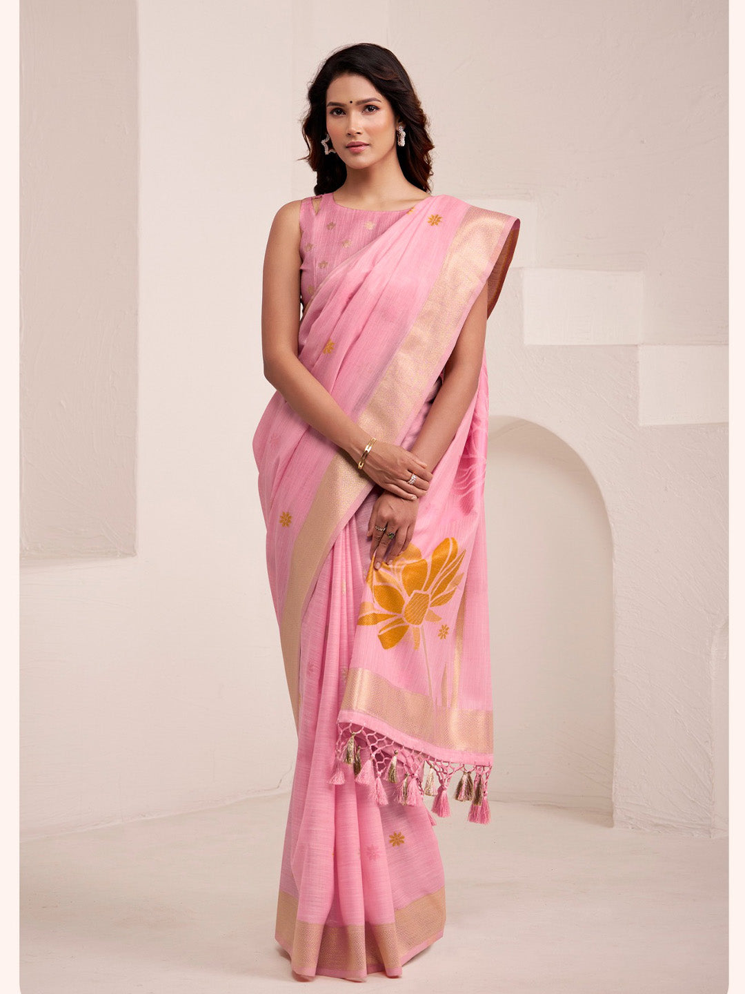 Sutriti baby pink tissue silk floral print wedding saree bloom print collection