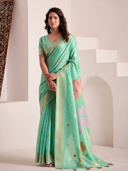 Sutriti Women Sea Green & Pink Floral Printed Linen Silk Blend Saree