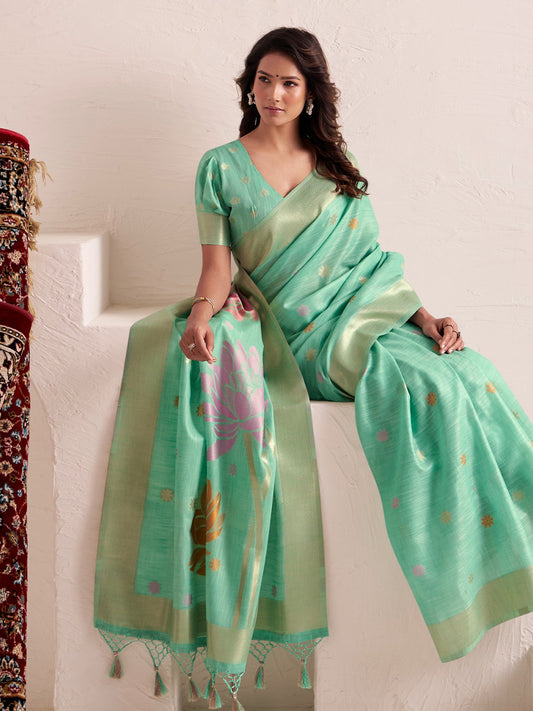 Sutriti Women Sea Green & Pink Floral Printed Linen Silk Blend Saree