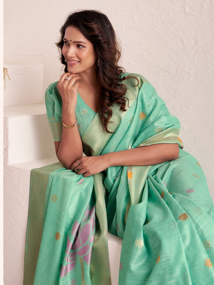Sutriti Women Sea Green & Pink Floral Printed Linen Silk Blend Saree