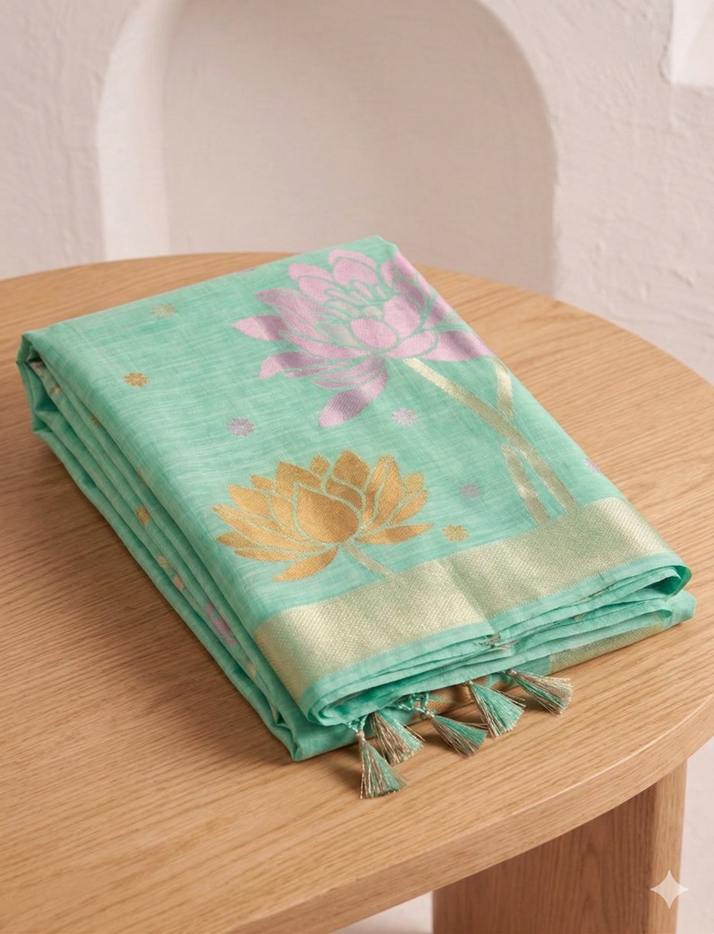 Sutriti Women Sea Green & Pink Floral Printed Linen Silk Blend Saree