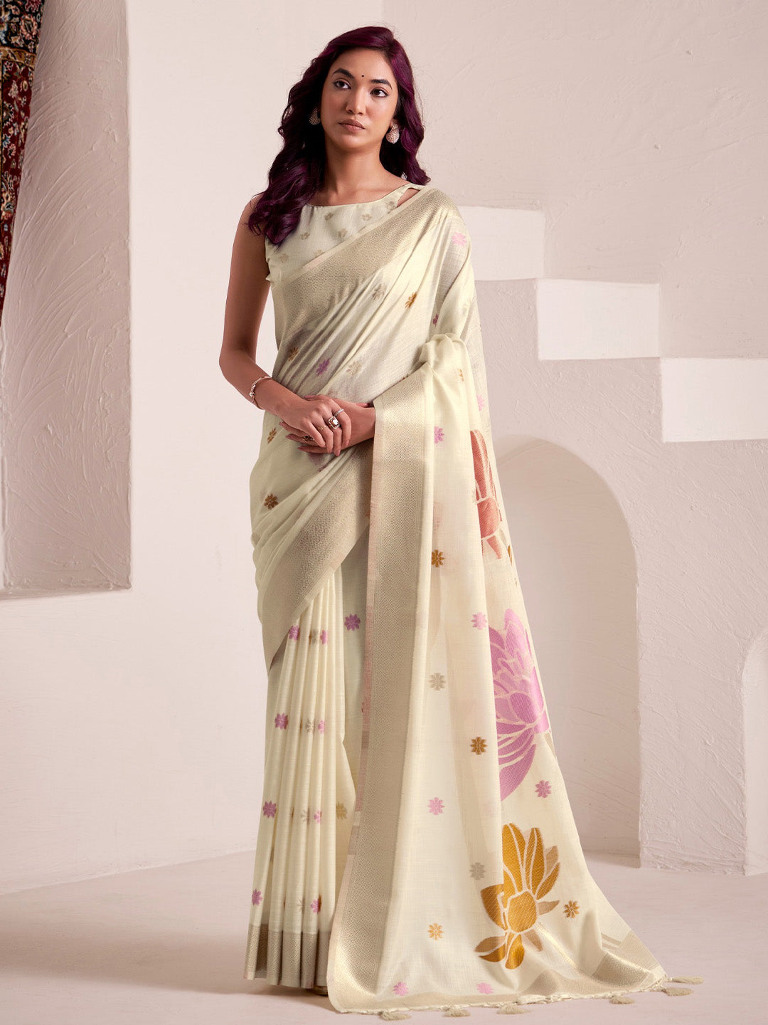 Sutriti ivory cream tissue silk floral print wedding saree bloom print collection