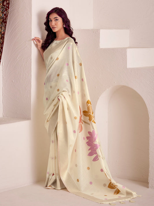Sutriti ivory cream tissue silk floral print wedding saree bloom print collection