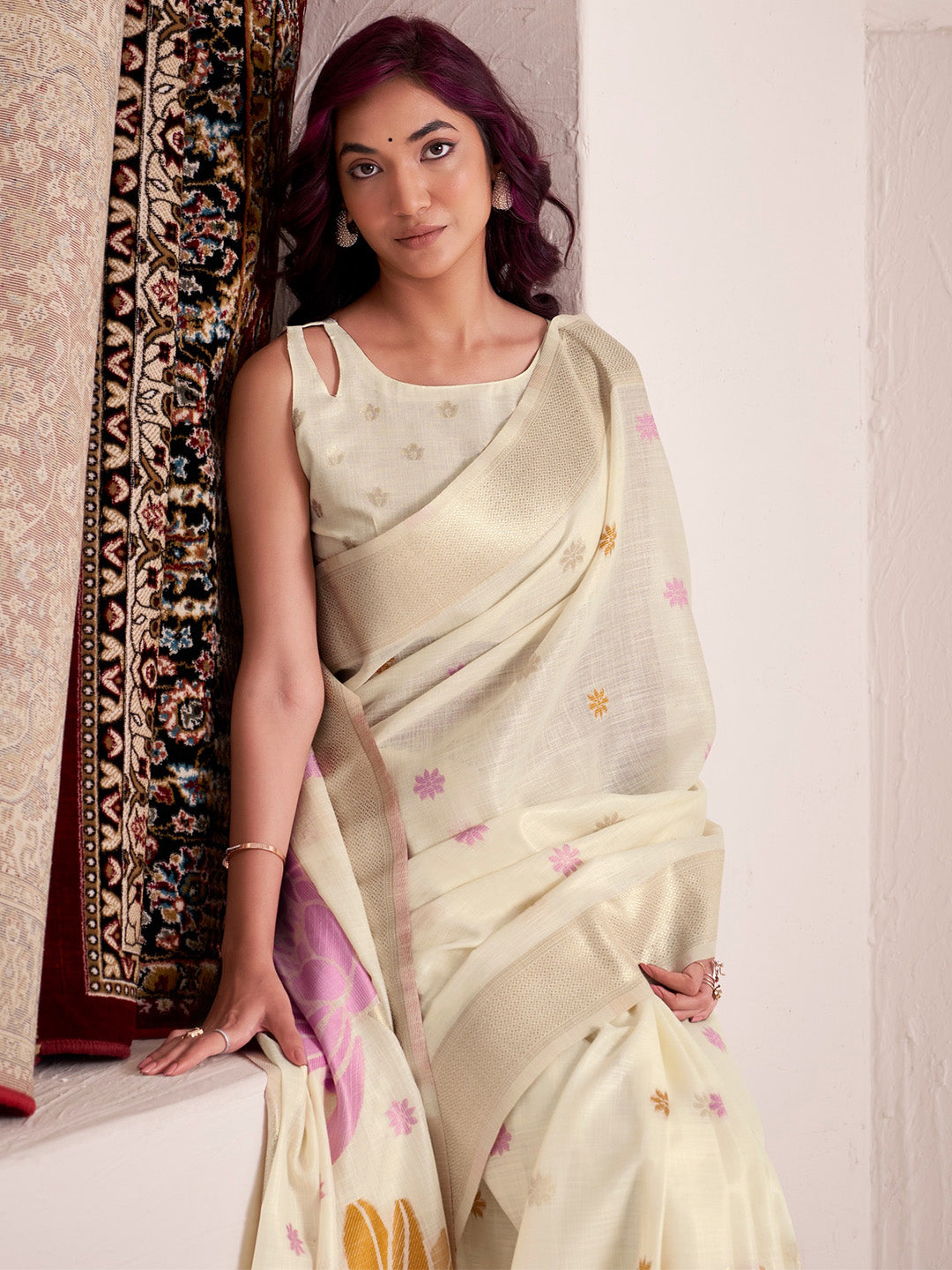 Sutriti ivory cream tissue silk floral print wedding saree bloom print collection