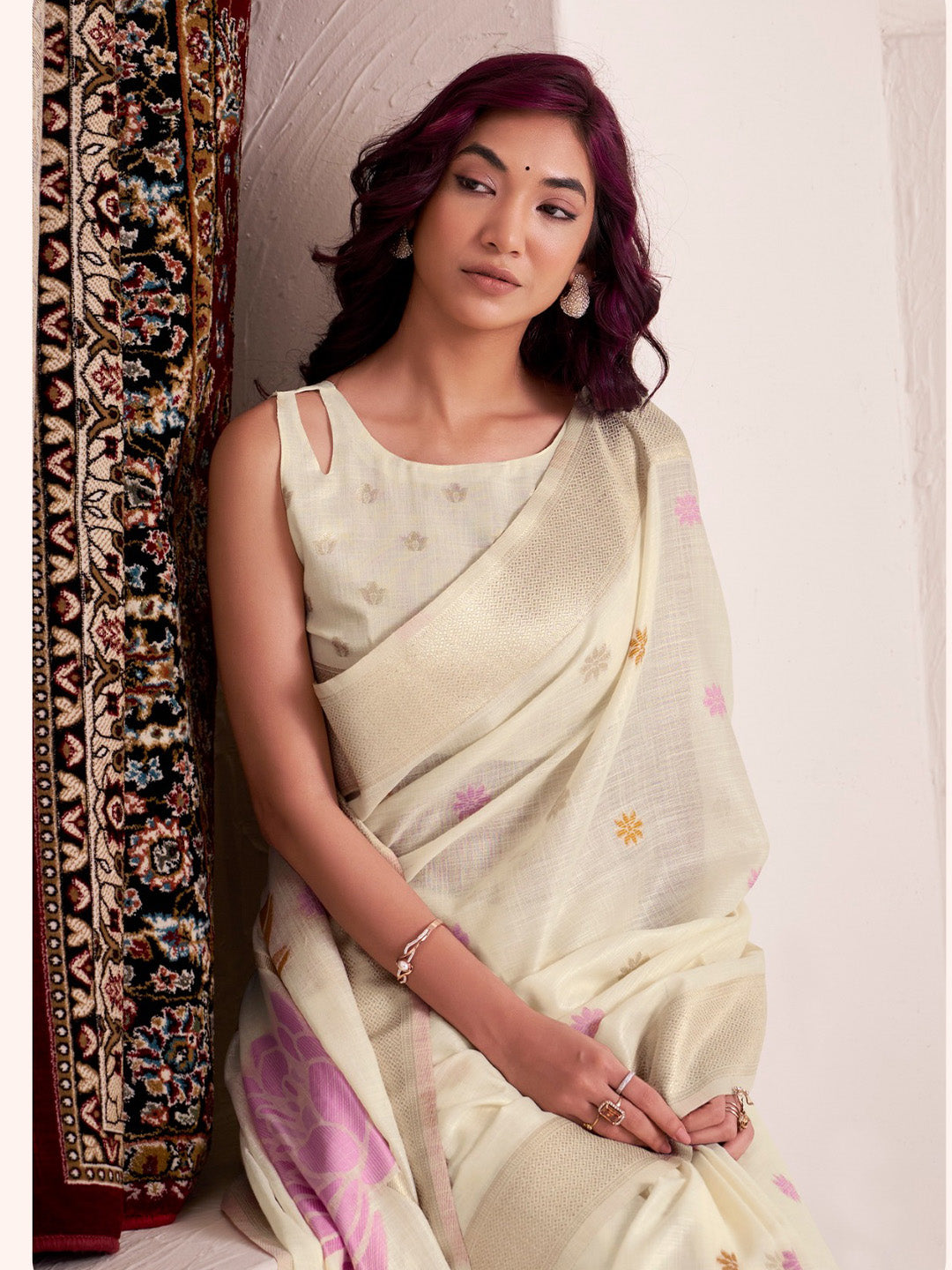 Sutriti ivory cream tissue silk floral print wedding saree bloom print collection