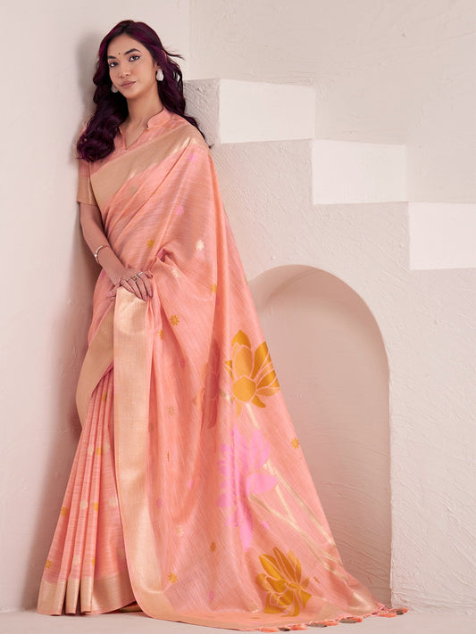 Sutriti Women Peach & Yellow Floral Printed Linen Silk Blend Saree