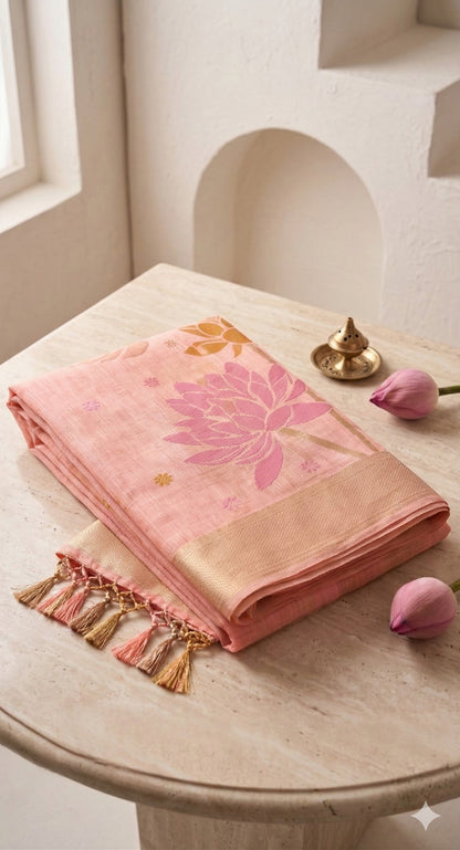 Sutriti Women Peach & Yellow Floral Printed Linen Silk Blend Saree