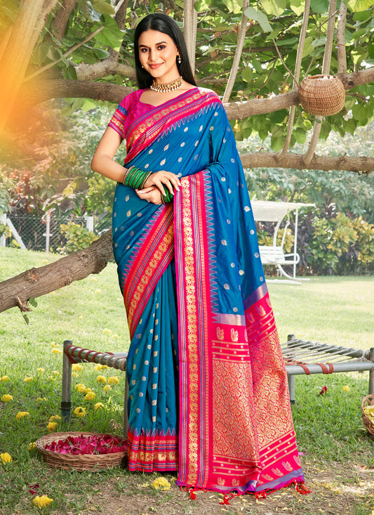 Sutriti Graceful Blue Banarasi Silk Saree with Golden Zari Woven Border & Floral Jaal – Wedding & Festive Wear