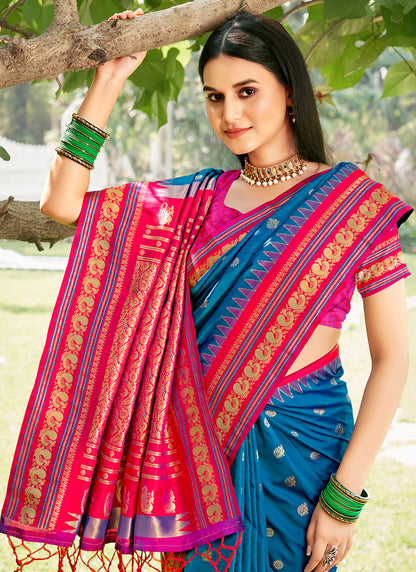 Sutriti Graceful Blue Banarasi Silk Saree with Golden Zari Woven Border & Floral Jaal – Wedding & Festive Wear
