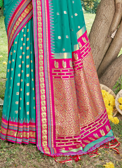 Sutriti Graceful Sea Green Banarasi Silk Saree with Golden Zari Woven Border & Floral Jaal – Wedding & Festive Wear