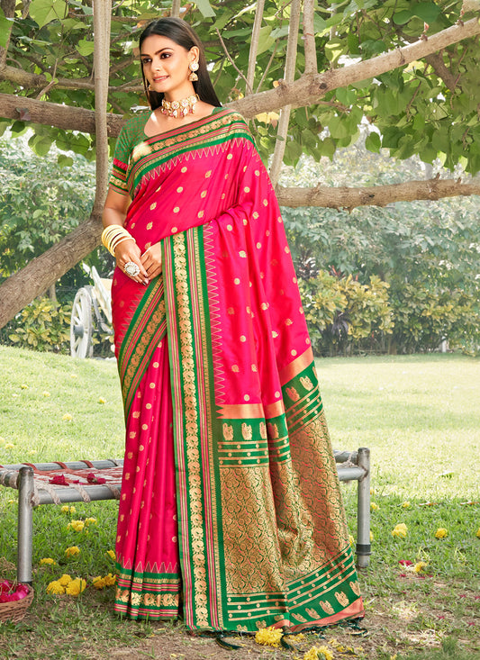 Sutriti Graceful Pink Banarasi Silk Saree with Golden Zari Woven Border & Floral Jaal – Wedding & Festive Wear