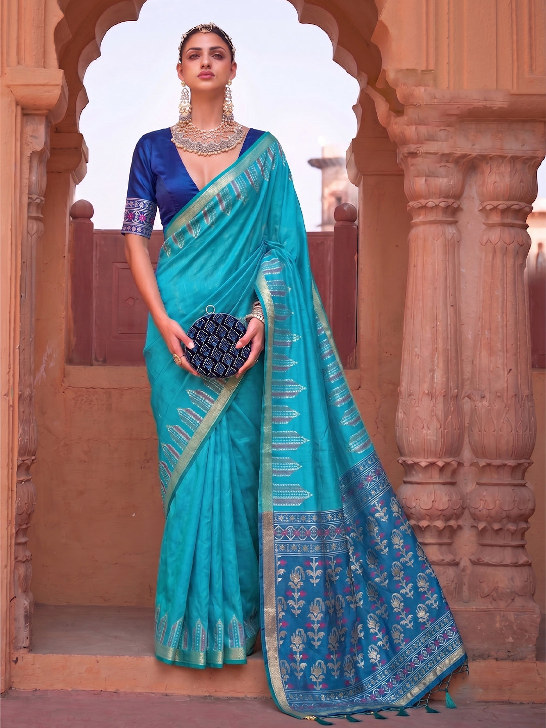 Sutriti Sky Blue Soft Silk Saree for Women Festive Party Traditional Wedding Ethnic Wear