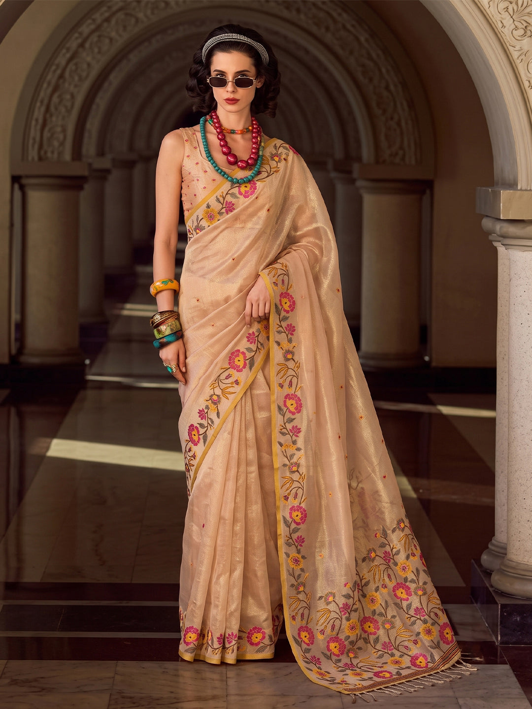 Sutriti Beige Tissue Silk Saree | Floral Embroidered Festive & Wedding Ethnic Wear For Women