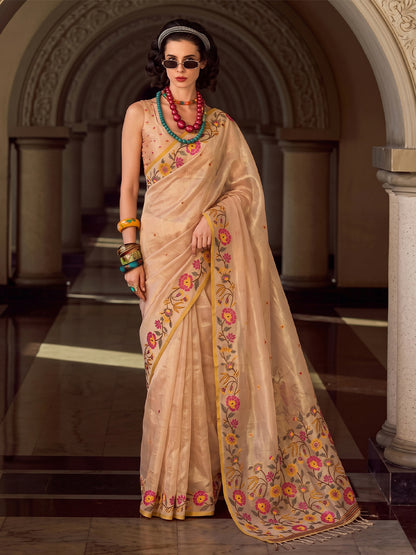 Sutriti Beige Tissue Silk Saree | Floral Embroidered Festive & Wedding Ethnic Wear For Women