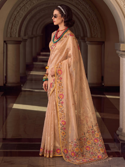 Sutriti Beige Tissue Silk Saree | Floral Embroidered Festive & Wedding Ethnic Wear For Women