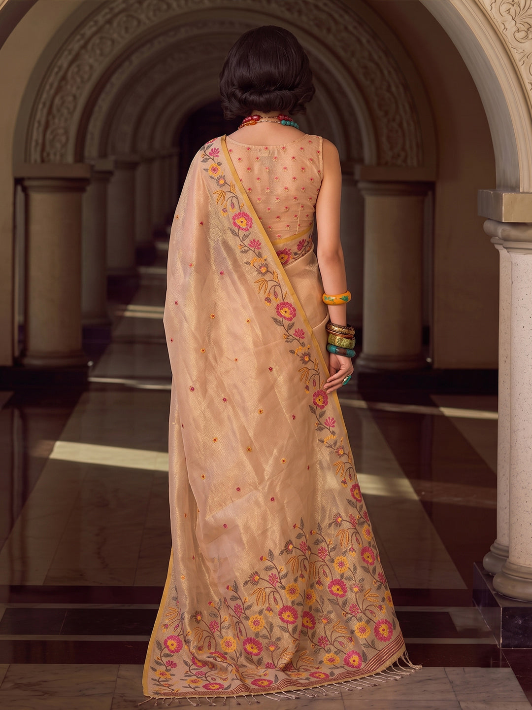 Sutriti Beige Tissue Silk Saree | Floral Embroidered Festive & Wedding Ethnic Wear For Women