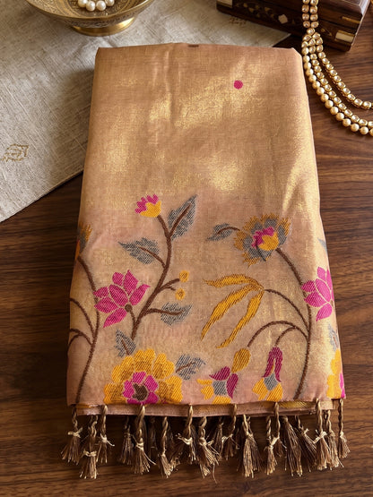 Sutriti Beige Tissue Silk Saree | Floral Embroidered Festive & Wedding Ethnic Wear For Women