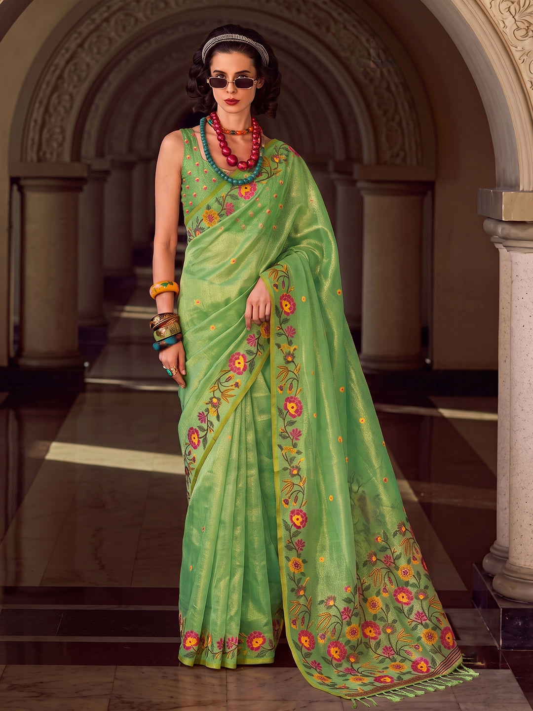 Sutriti Light Green Tissue Silk Saree For Women | Floral Embroidered Party Wear Ethnic Drape