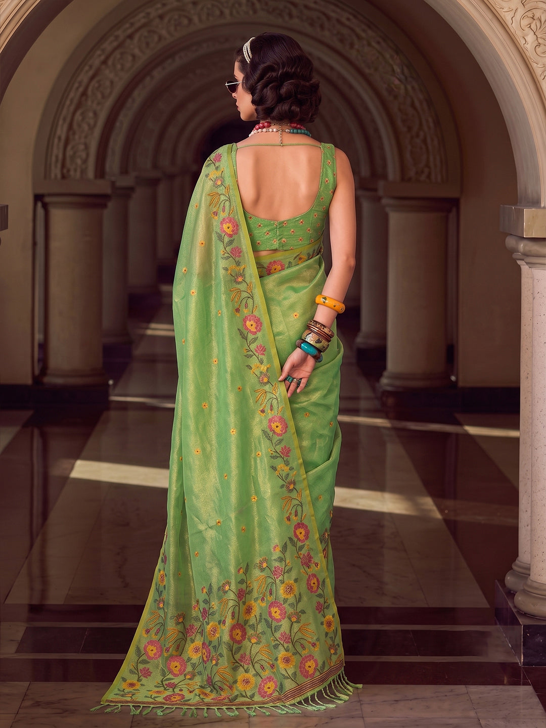 Sutriti Light Green Tissue Silk Saree For Women | Floral Embroidered Party Wear Ethnic Drape