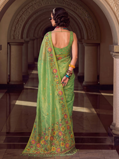 Sutriti Light Green Tissue Silk Saree For Women | Floral Embroidered Party Wear Ethnic Drape