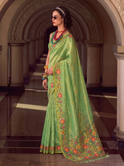 Sutriti Light Green Tissue Silk Saree For Women | Floral Embroidered Party Wear Ethnic Drape