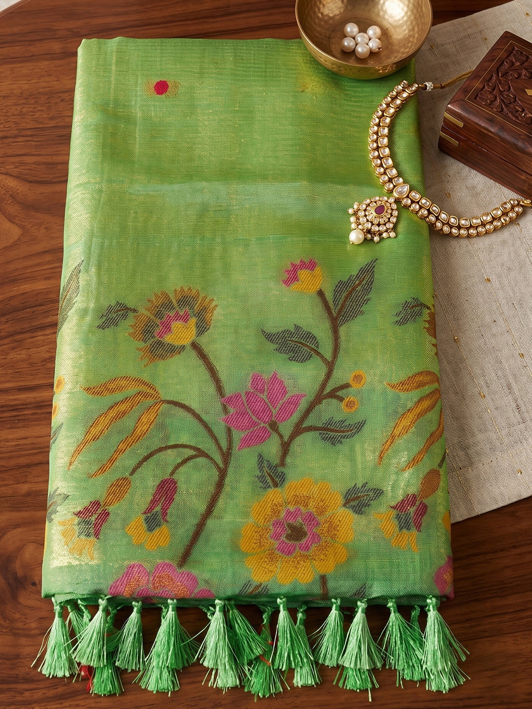 Sutriti Light Green Tissue Silk Saree For Women | Floral Embroidered Party Wear Ethnic Drape